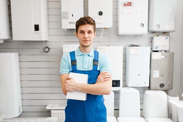 Plumber in uniform at showcase with boilers in plumbering store. Man with notebook buying sanitary engineering in shop, water taps and faucets choice